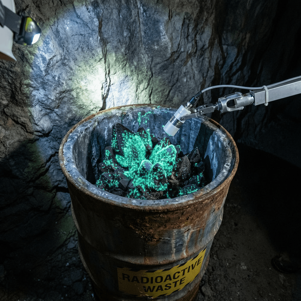 Gloved hand and robotic arm probe glowing green crystals inside a radioactive waste barrel.