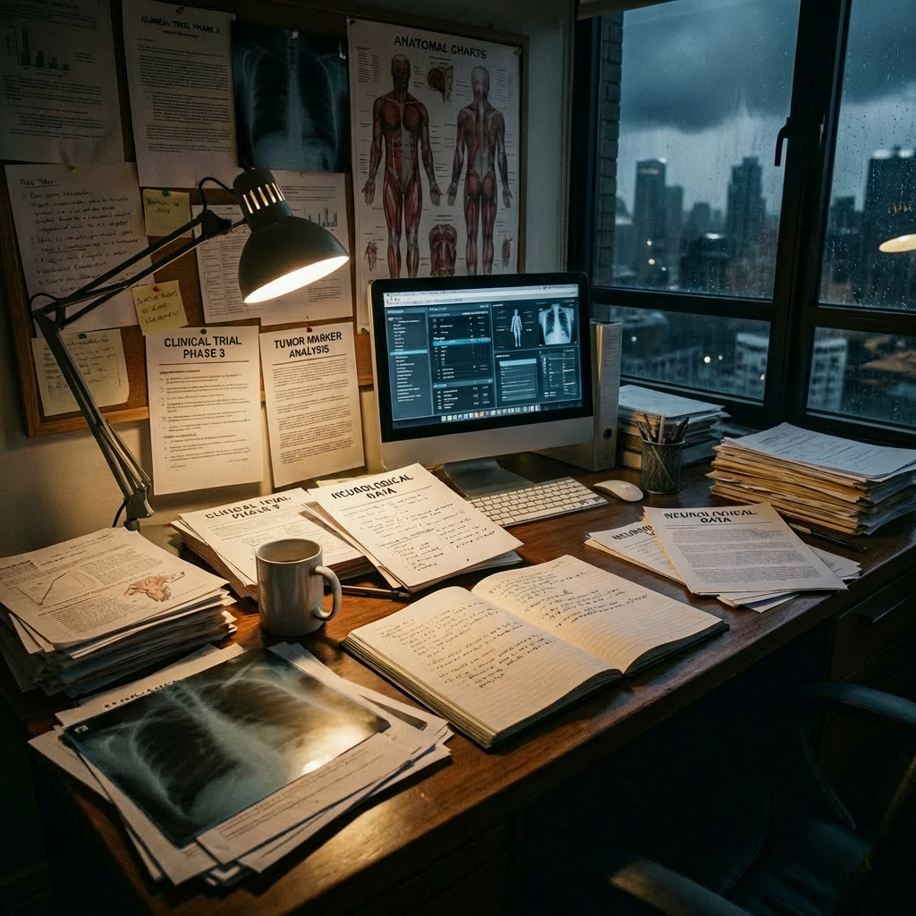 Desk with microscope and reports: Clinical Trial Phase 3, Tumor Marker Analysis, Neurological Data.