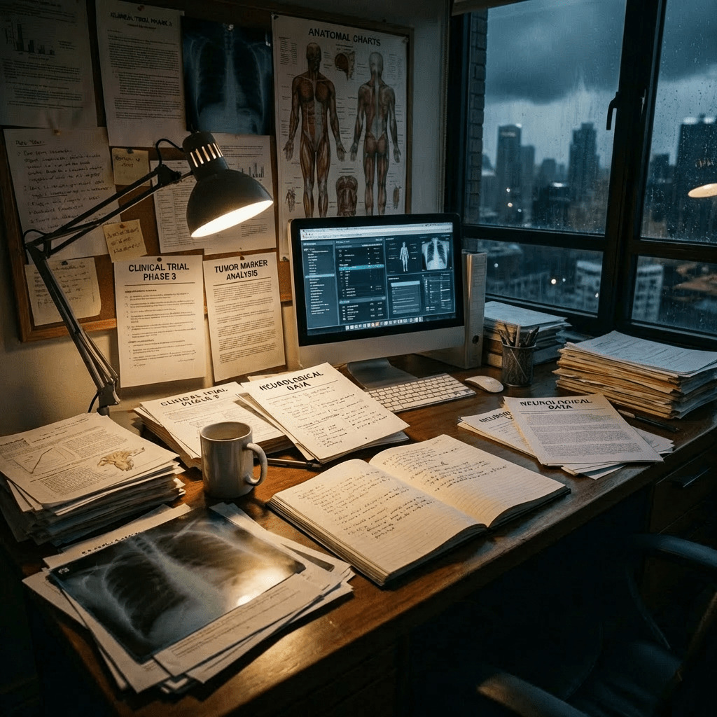 Desk with microscope and reports: Clinical Trial Phase 3, Tumor Marker Analysis, Neurological Data.
