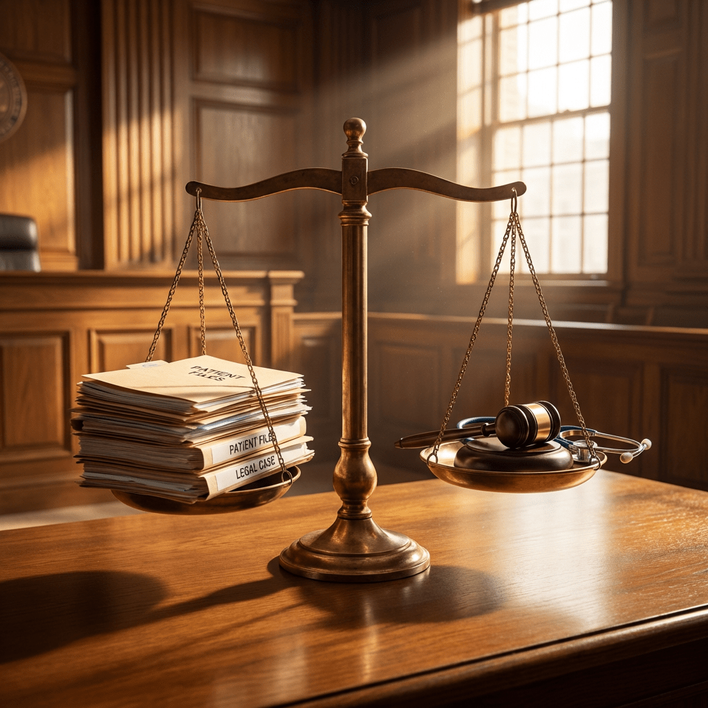 Scales of justice balancing folders labeled Patient Files and Legal Case against a gavel and stethoscope.
