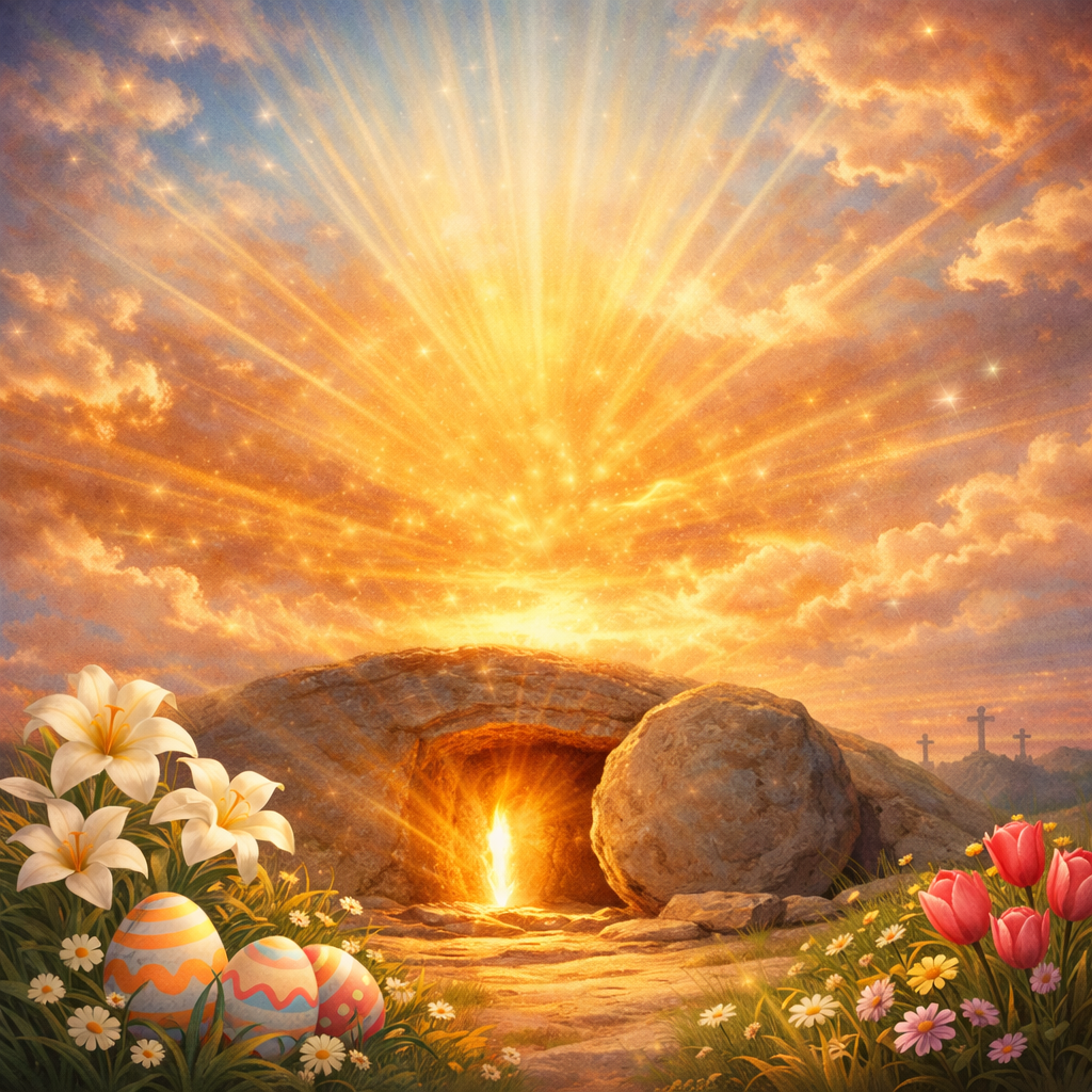 Empty tomb with bright light shining, surrounded by flowers and Easter eggs, with text He is not here, for He is risen Matthew 28:6
