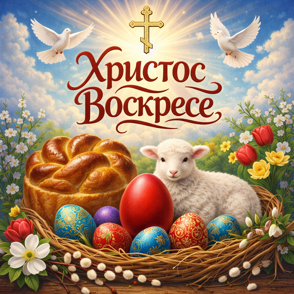 Basket with decorated Easter eggs, Easter cake with candle, golden cross, red candle, flowers, and religious icon