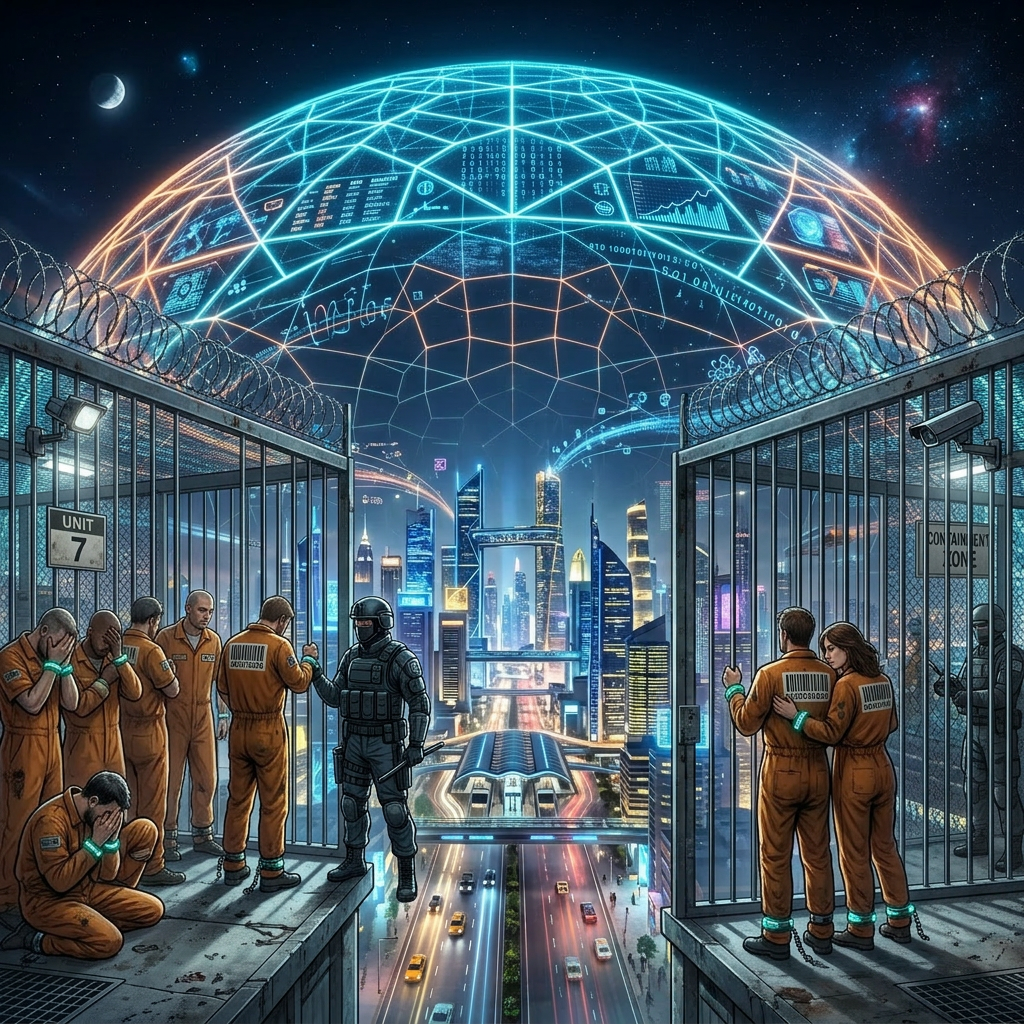 Futuristic city with skyscrapers under a glowing digital dome displaying data and flying vehicles