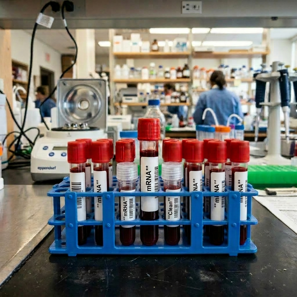 Rack holding multiple test tubes with blood samples and red caps in a laboratory