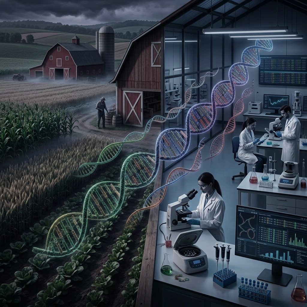 Farm fields with a farmer and a biotechnology lab with scientists analyzing DNA