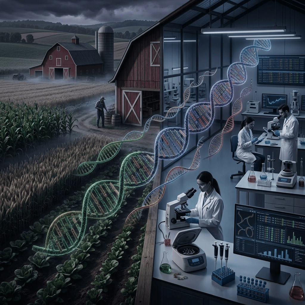 Farm fields with a farmer and a biotechnology lab with scientists analyzing DNA
