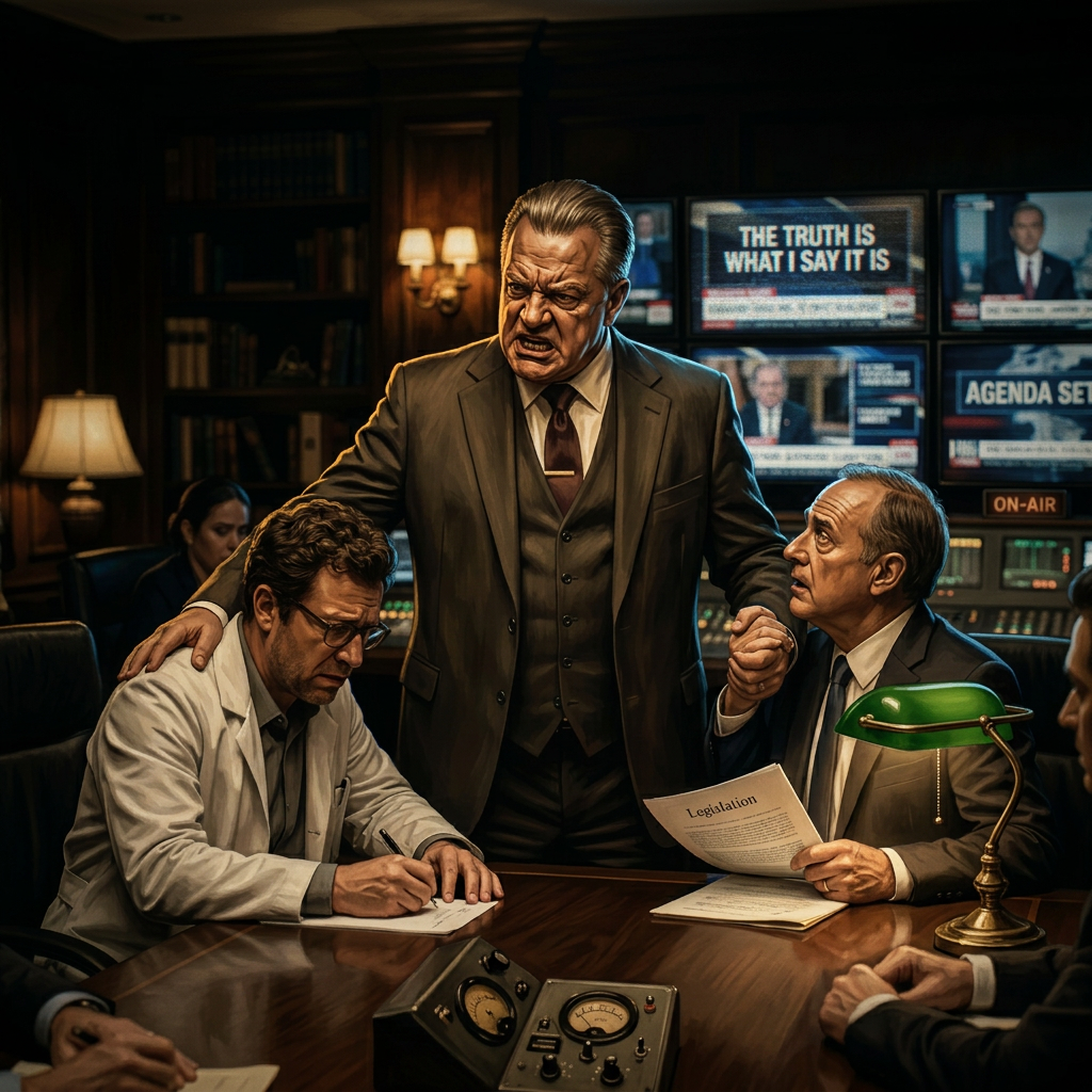 Three men engaged in a serious discussion around a table with television screens in the background showing political news