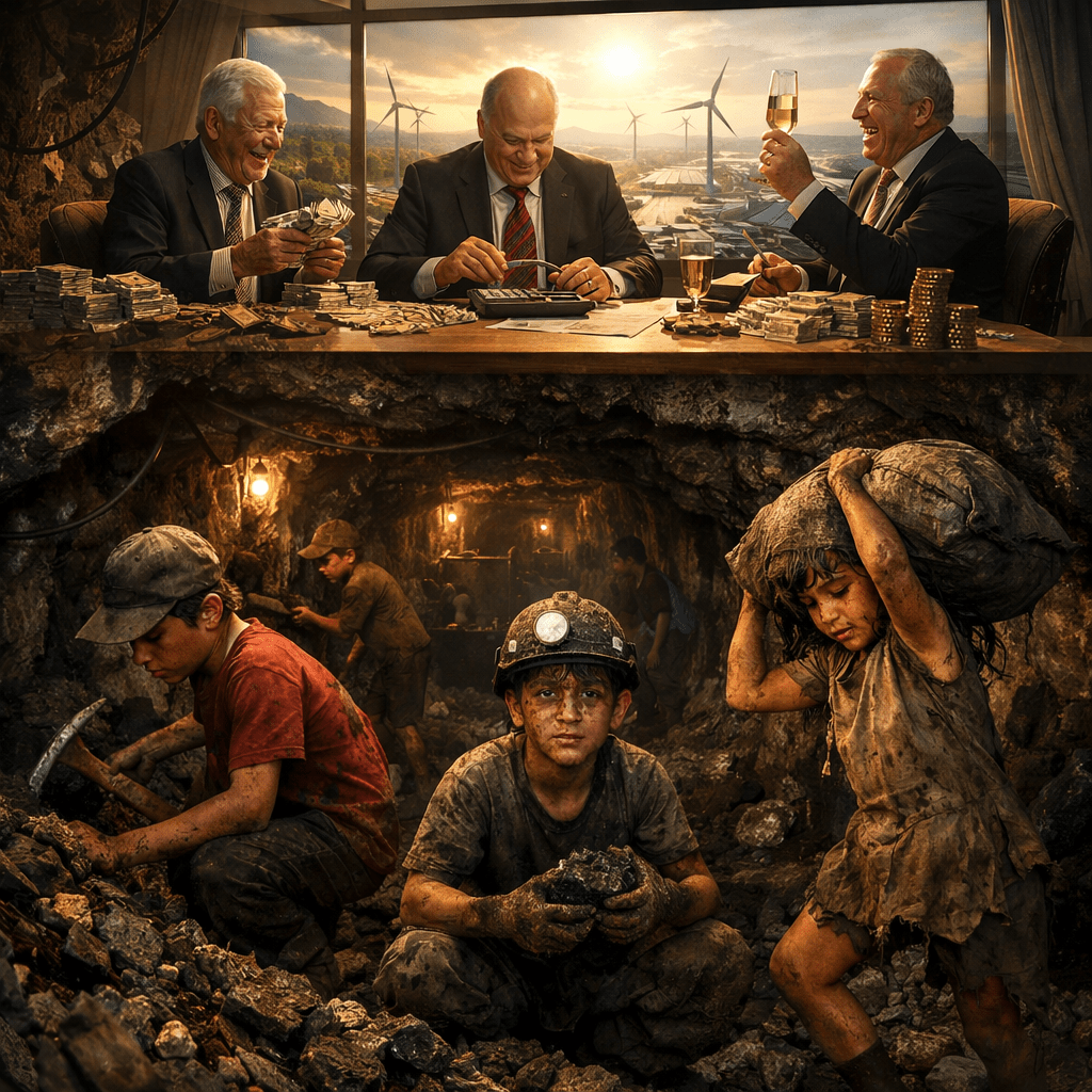 Three elderly men in suits counting money at a desk above children working in a dark, dirty mine