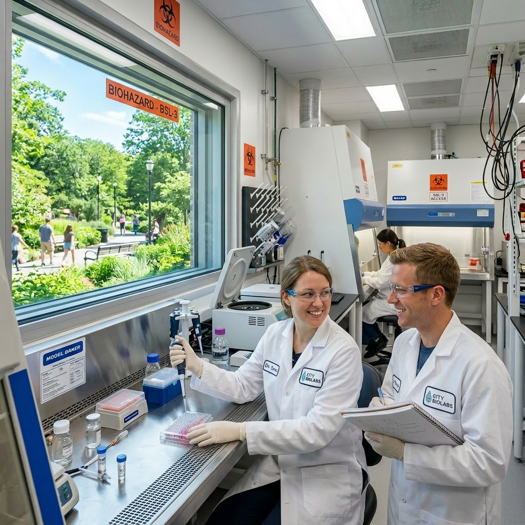 Two scientists in white lab coats and safety glasses working together in a biosafety level 3 laboratory