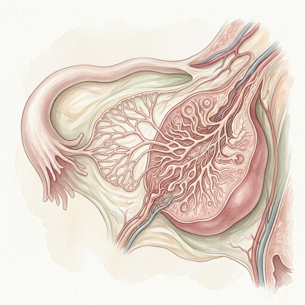 Cross-section of placenta showing branching villi and blood vessels